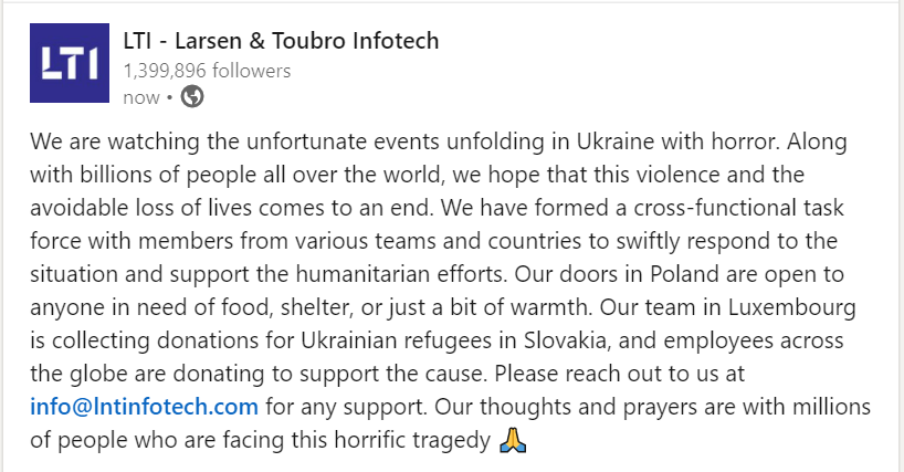 ltm_ofcl's tweet photo. Our doors in Poland are open to anyone in need of food, shelter, or just a bit of warmth. Our team in Luxembourg is collecting donations for Ukrainian refugees in Slovakia. Please reach out to us at info@lntinfotech.com for any support🙏 https://t.co/iVH7lA81WF