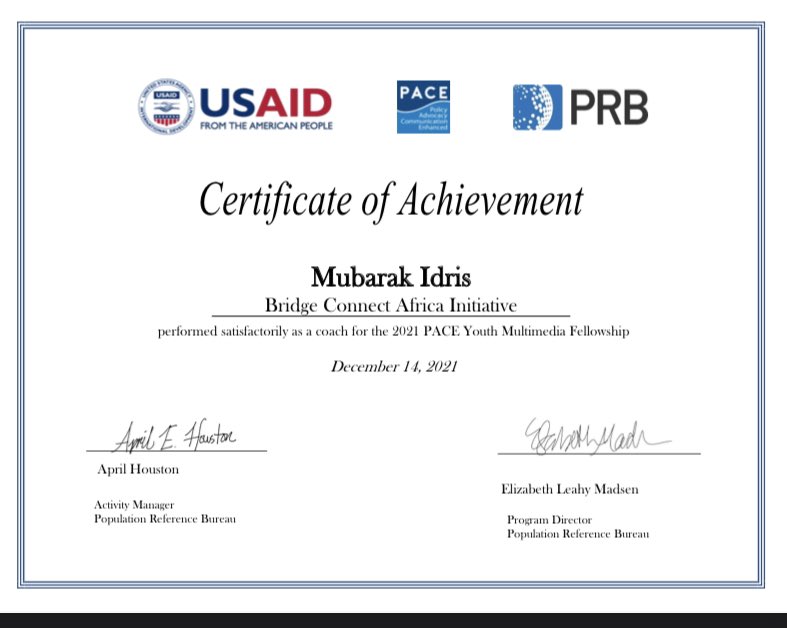 mubricks's tweet image. It has been an immense pleasure serving as a coach for the @USAID funded Youth Multimedia Fellowship under the PACE project. Pleased to receive this certificate of achievement from @PRBdata 

#YMF2021 #PACEProject
