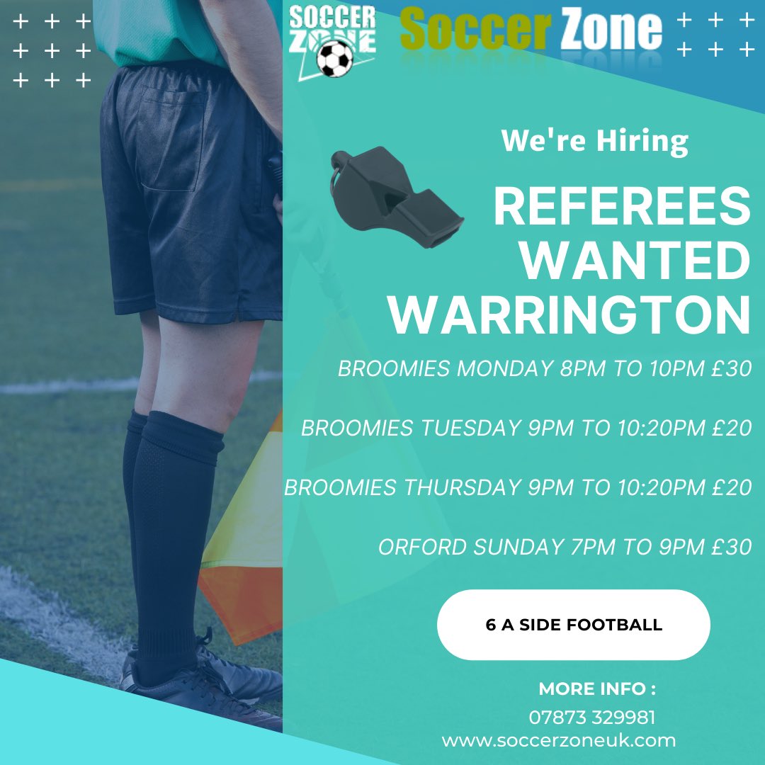 Looking for a part time job?  💷

Think you could do better? 🗣🟥🟨

Referee required at Orford Jubilee Hub and Broomfields Leisure Centre ⚽️

Various Nights Available 📅

Cash paid on the night 💷

➡️ soccerzoneuk.com
☎️ 0787332981

#job #football #warrington