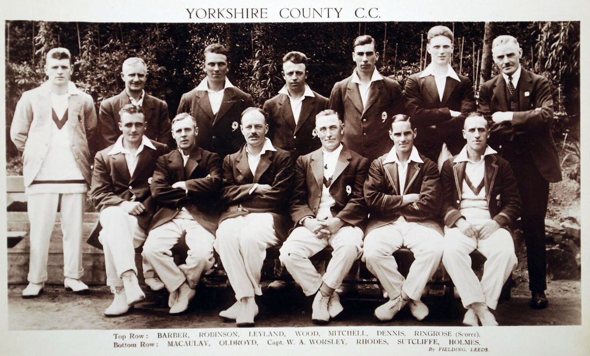 The Yorkshire side of 1928. Among some great players sits Sir William Arthington Worsley who led them  after Herbert Sutcliffe had turned the role down. An amateur was needed and so Worsley, with limited skills or experience, stepped in. In 60 matches he scored 722 runs at 15.69