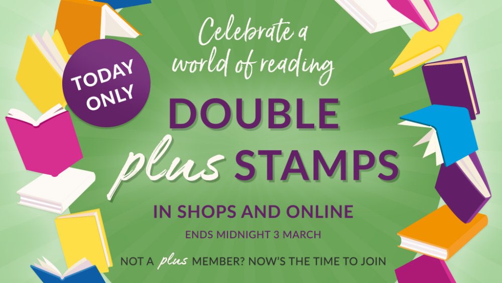 It’s World Book Day!! 🎉 and to celebrate we are giving all you plus members 🤩Double Stamps 🤩 If you don’t have a plus card already now’s the time to sign up and treat yourself to the fantastic array of books in store 
#waterstones #bookstagram #worldbookday #nationalbooktoken