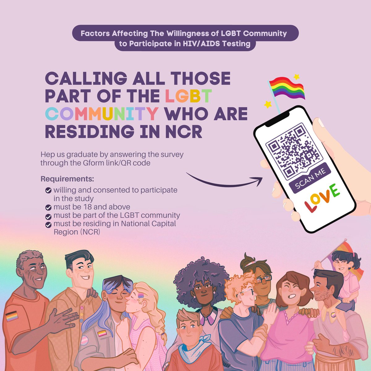 ck_lzzz's tweet photo. [𝗟𝗢𝗢𝗞𝗜𝗡𝗚 𝗙𝗢𝗥 𝗣𝗔𝗥𝗧𝗜𝗖𝗜𝗣𝗔𝗡𝗧𝗦!]

- must be 18+
- must be part of the LGBT community
- must be residing in National Capital Region (NCR)

if you fit the criteria please help us graduate and take time to read this post and hopefully answer our questionnaire 🥲💗 https://t.co/Ya5nb74cBh