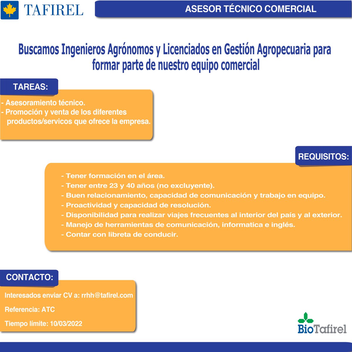 OPORTUNIDAD LABORAL

🔎Estamos en la búsqueda de Asesores Técnicos Comerciales para integrar nuestro Equipo Comercial.