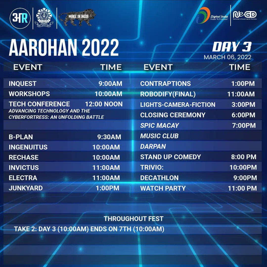 aarohan_nitdgp's tweet photo. And it's finally here! 

Team Aavishkar takes pride in revealing to you the Official schedule of Aarohan'22. Exhilarating events await you in the lineup. 

March 3rd to 6th.
 
#Aarohan #TeamAavishkar 
#AarohanCreatives #DemystifyingFuture https://t.co/XhimYdYrGJ