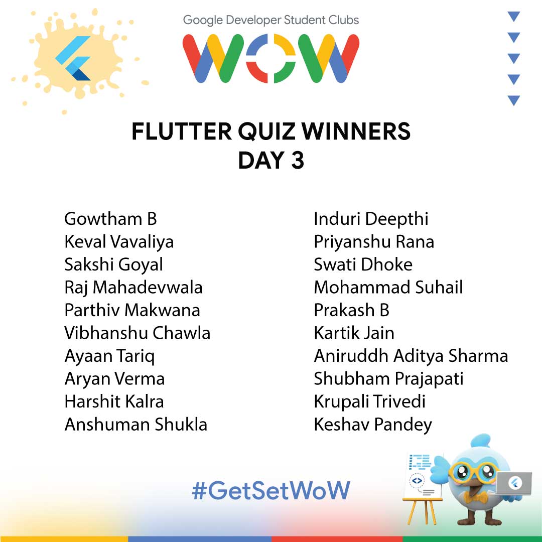 gdscwow's tweet photo. Congratulations folks, the Top 20 winners of the Flutter Quiz for Day 3 are finally here.

Check out your names everyone.
https://t.co/zyczEzarCh

#gdscwow #developerstudentclubs #gdsc #event #studentcommunity #gdscwow2022 #GetSetWOW  #flutter https://t.co/RTXjygQCJ6