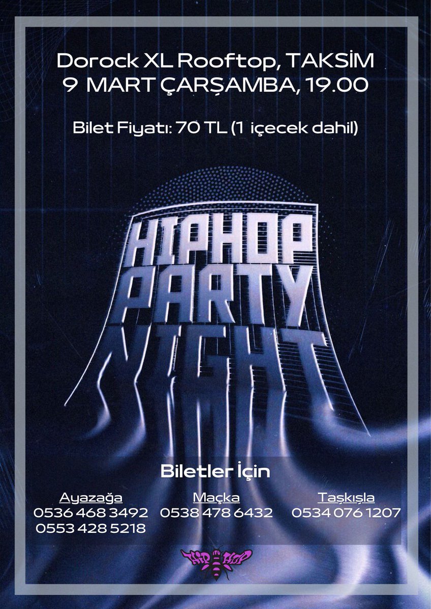Herkese selamlar, dönemin ilk etkinliği olan “Hip Hop Party Night” a hepinizi bekliyoruz🔥 Dj performanslarıyla, konseriyle ve dans gösterileriyle birlikte tamamiyle hip hop dolu bir gece geçirmeye hazır olun! 9 Mart Çarşamba günü Taksim Dorock XL Rooftop’ta olacağız. ✌🏻🤌🏻👊🏻