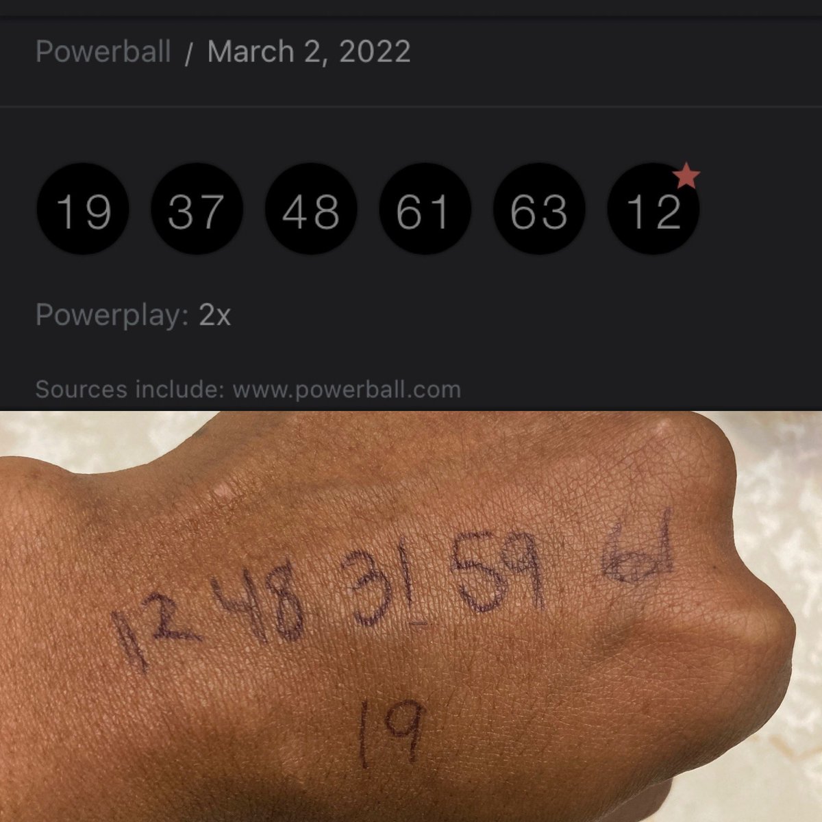 Last night I had some numbers running through my mind so I wrote them down on my hand. I ended up ordering Chinese food I usually don’t eat my whole plate but I did this time I got sluggish and ended up falling asleep wake up check powerball numbers look https://t.co/Avjl0ZBbNQ