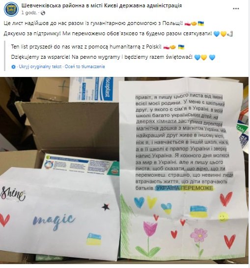 trzaskowski_'s tweet photo. Cudowna wiadomość prosto z Kijowa! Władze jednej z dzielnic opublikowały zdjęcia darów z @warszawa, które dotarły na miejsce i już mogą służyć potrzebującym! Przekazuję Wam podziękowania od naszych przyjaciół 🙂 #StandWithUkraine https://t.co/eAwAEnWwSn