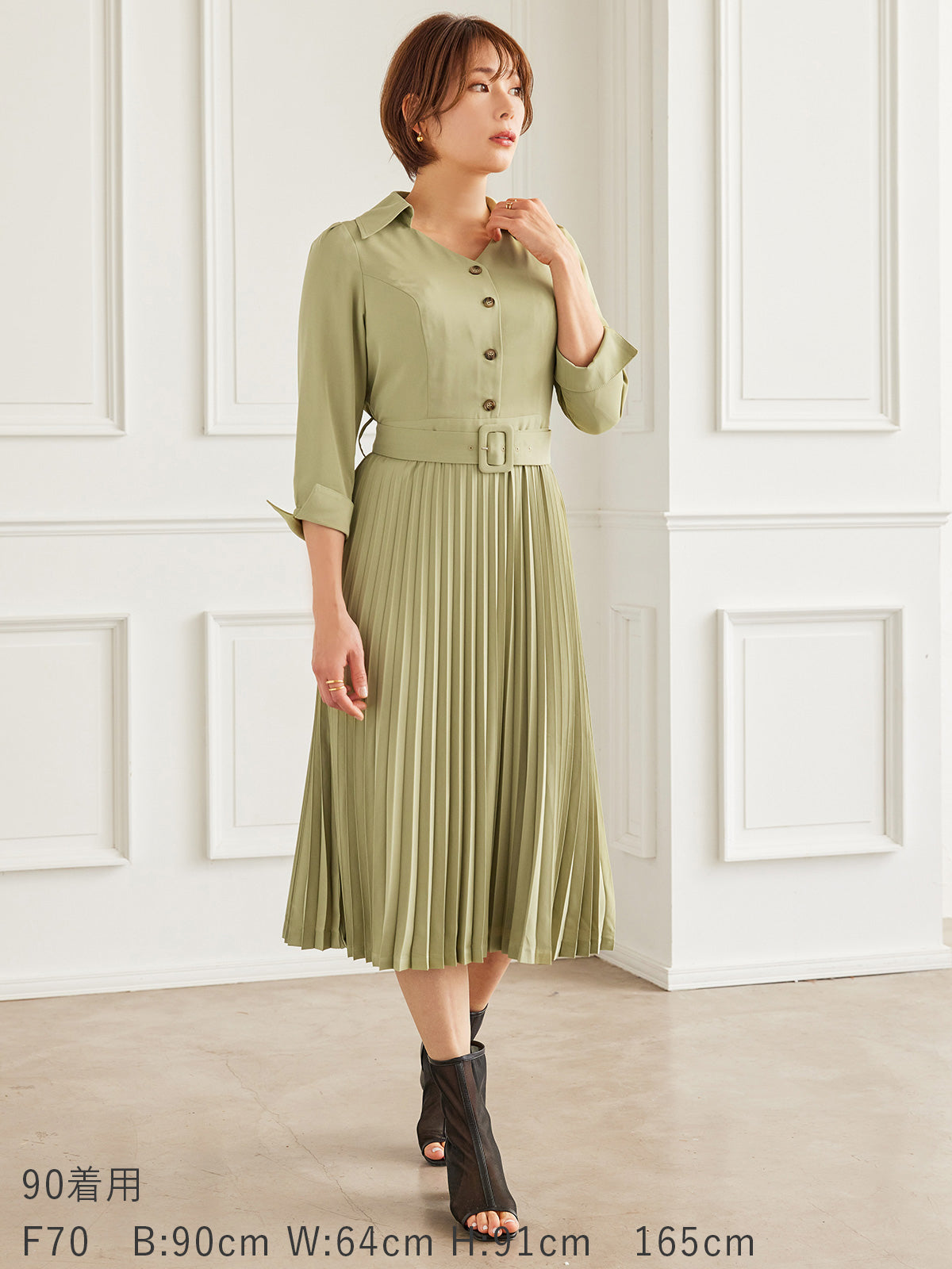 overE 7分袖スクエアネックフレアワンピース カーキベージュ オーバー