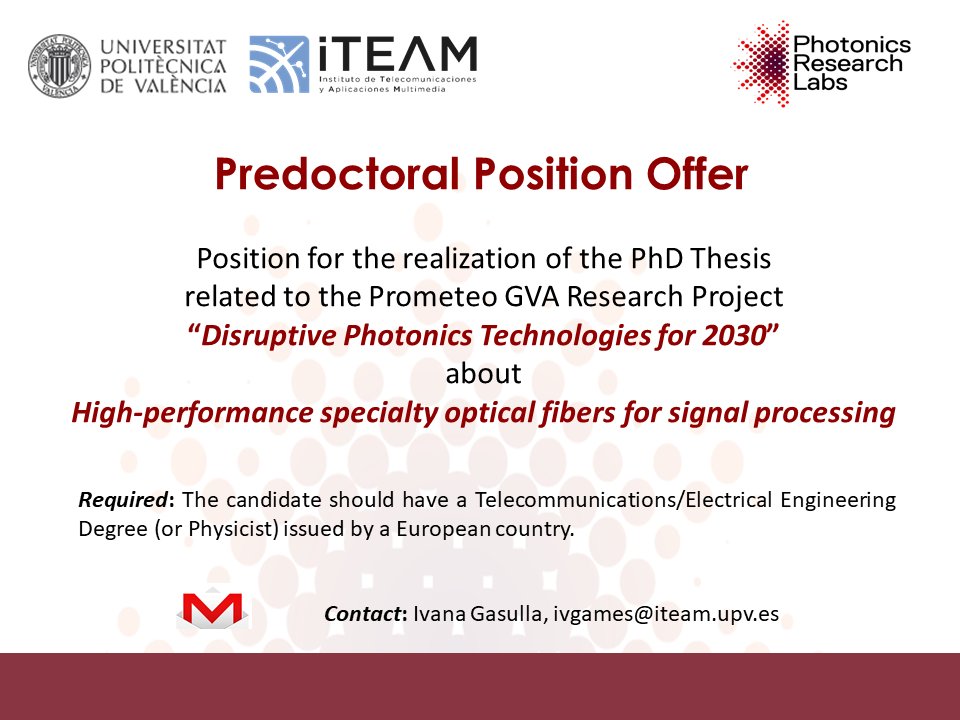 Ivana Gasulla (@hybanna) on Twitter photo 📢 We are looking for a motivated engineer/physicist to join the <a href="/PRL_UPV/">Photonics Res. Labs</a> of <a href="/iteamUPV/">iTEAM Research Institute</a> <a href="/UPV/">Universitat Politècnica de València</a> as a PhD researcher.
📩Contact me if interested! 📢 We are looking for a motivated engineer/physicist to join the <a href="/PRL_UPV/">Photonics Res. Labs</a> of <a href="/iteamUPV/">iTEAM Research Institute</a> <a href="/UPV/">Universitat Politècnica de València</a> as a PhD researcher.
📩Contact me if interested!