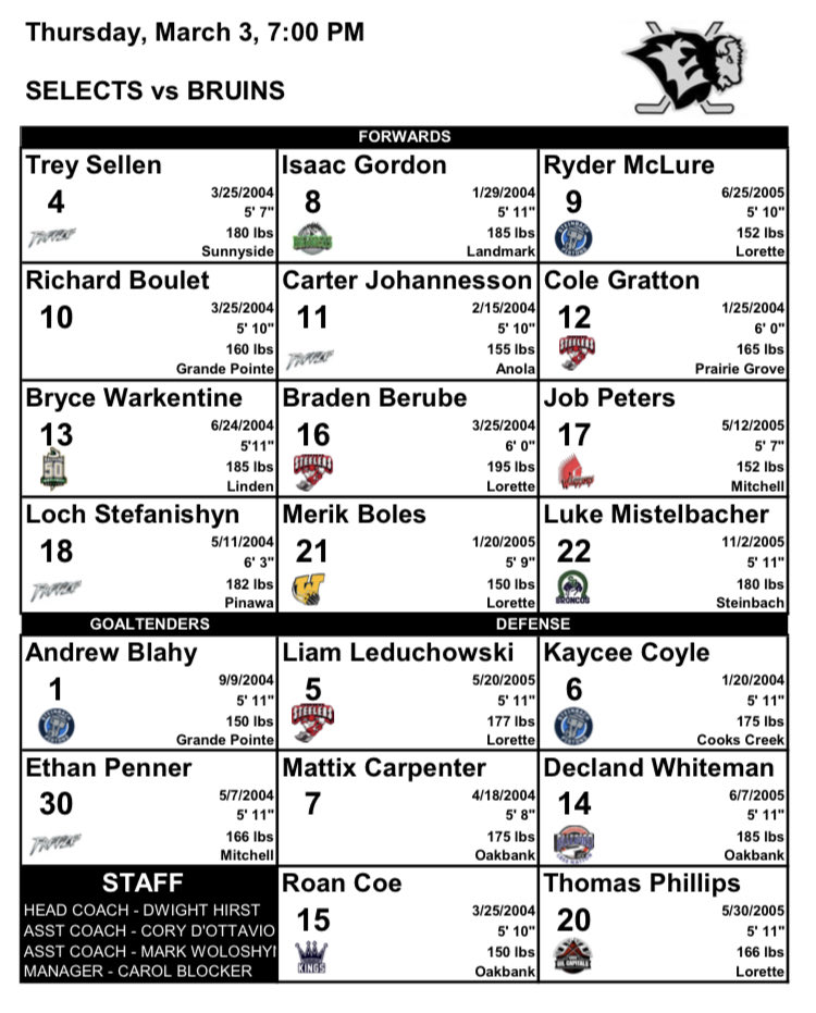 EastmanSelects's tweet image. Selects take on the ⁦@WpgBruins⁩ in game 1 of ⁦@MBAAAU18⁩ hockey action tonight at the SGC in Beausejour. ⁦