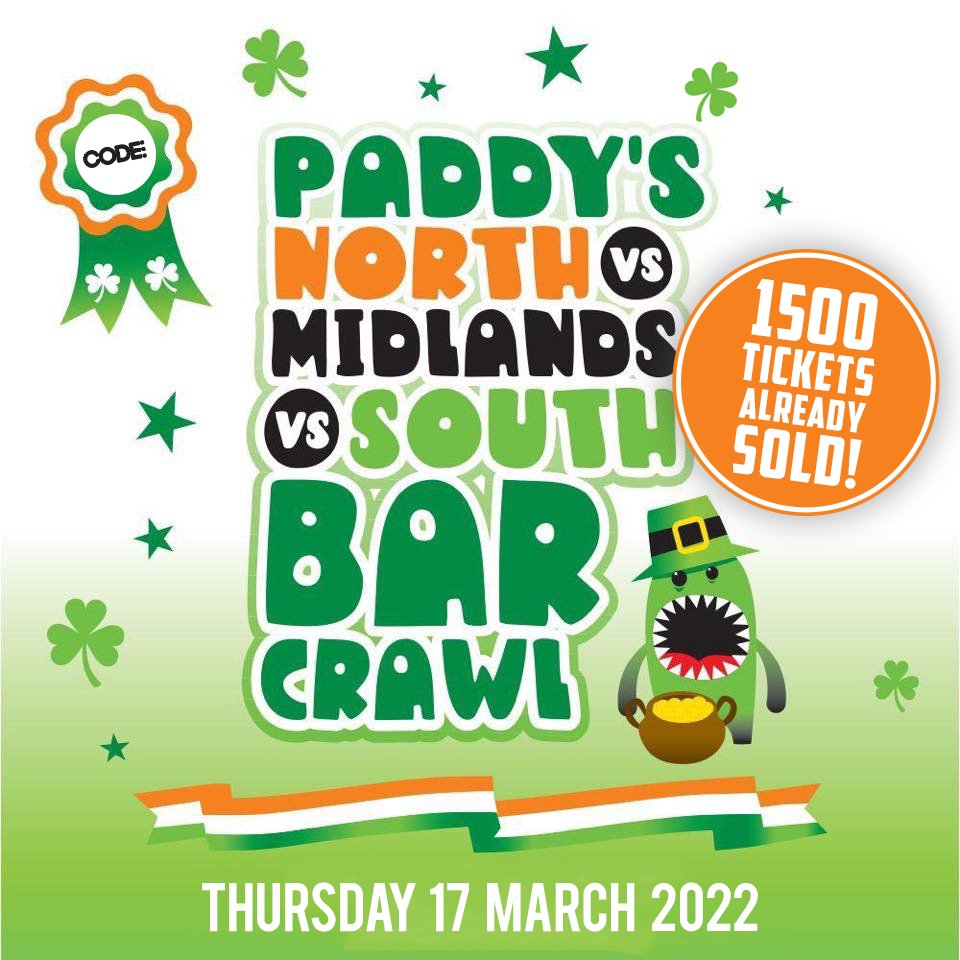 Over 1500 tickets have now been SOLD for the Paddy's Day Bar Crawl! 🍀😱

On Thursday 17th March we will be visiting 7 of Sheffield's finest bars... with everyone ending at CODE! 🙌

We've got 1000's of guinness hats for everyone! 🎩😍

codesheffield.com/bar-crawl
