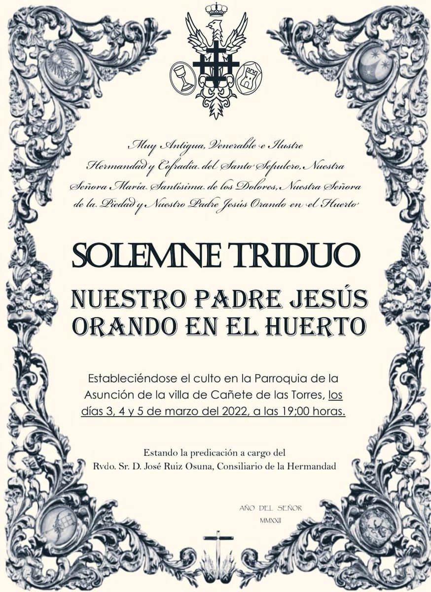 SOLEMNE TRIDUO EN HONOR A NUESTRO PADRE JESÚS ORANDO EN EL HUERTO

Durante los días 3, 4 y 5 de marzo a las 19h celebraremos en en la Parroquia de la Asunción el anual y SOLEMNE TRIDUO en honor a nuestro titular Nuestro Padre Jesús Orando en el Huerto.