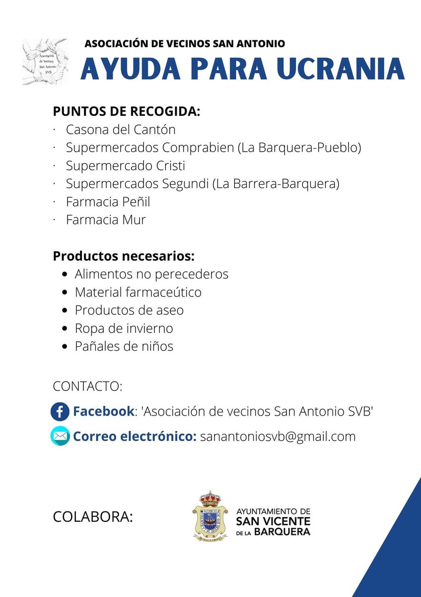 🚨 AYUDA PARA UCRANIA. 🇺🇦
➖ ASOCIACIÓN DE VECINOS SAN ANTONIO. ➖

#SanVicentedelaBarquera #AyudaparaUcrania
