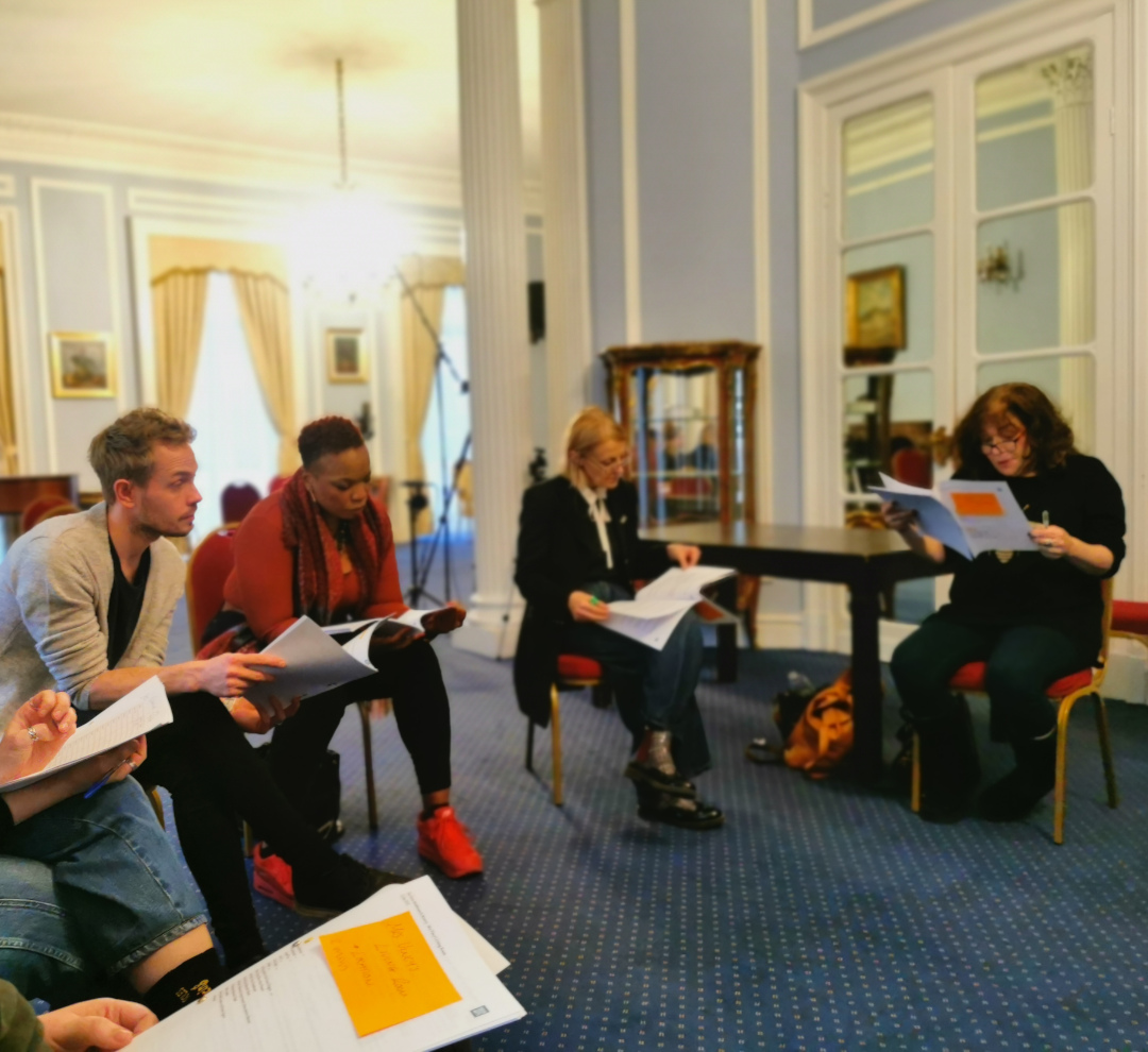 DASHARTS's tweet photo. Rehearsals are starting soon, so here are some pictures from the first read through of #TheGreatMiddlemarchMystery We can't wait to see how the actors continue to interact with the script. Read about the process of adapting the script from a classic: https://t.co/rULp2CZPTu https://t.co/8D8XKKxO6W