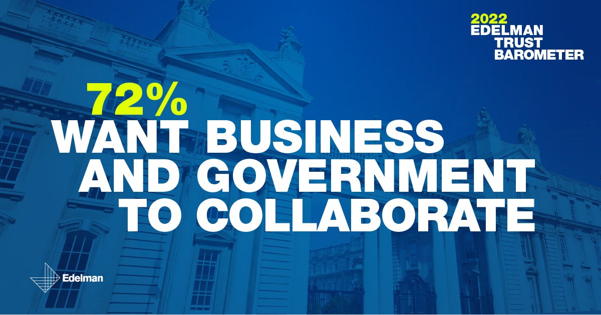 "The Irish public strongly believes that society stands to gain from closer collaboration between government and business,” Joe Carmody, CEO, Edelman Ireland

More insights in the #EdelTrust2022 report: bit.ly/edeltrust22