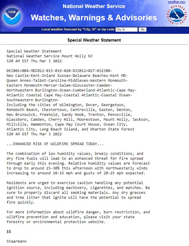 The New Jersey Forest Fire Service has decided not to proceed with today's prescribed burn at Warren Grove Range, due to enhanced risk of wildfire spread, and will reassess conditions in the next few weeks.