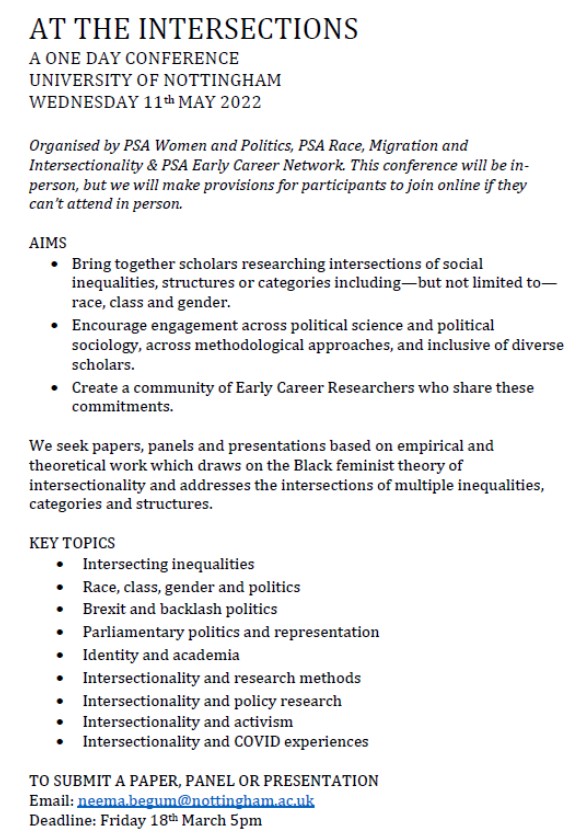 📣📣CALL FOR PAPERS 📣📣 @PSA_Race, @PSAWomenPol & @psa_ecn bring you 'At the Intersections' Conference on research using the Black feminist theory of intersectionality & addressing intersections of multiple inequalities Email abstracts by 18 March to neema.begum@nottingham.ac.uk