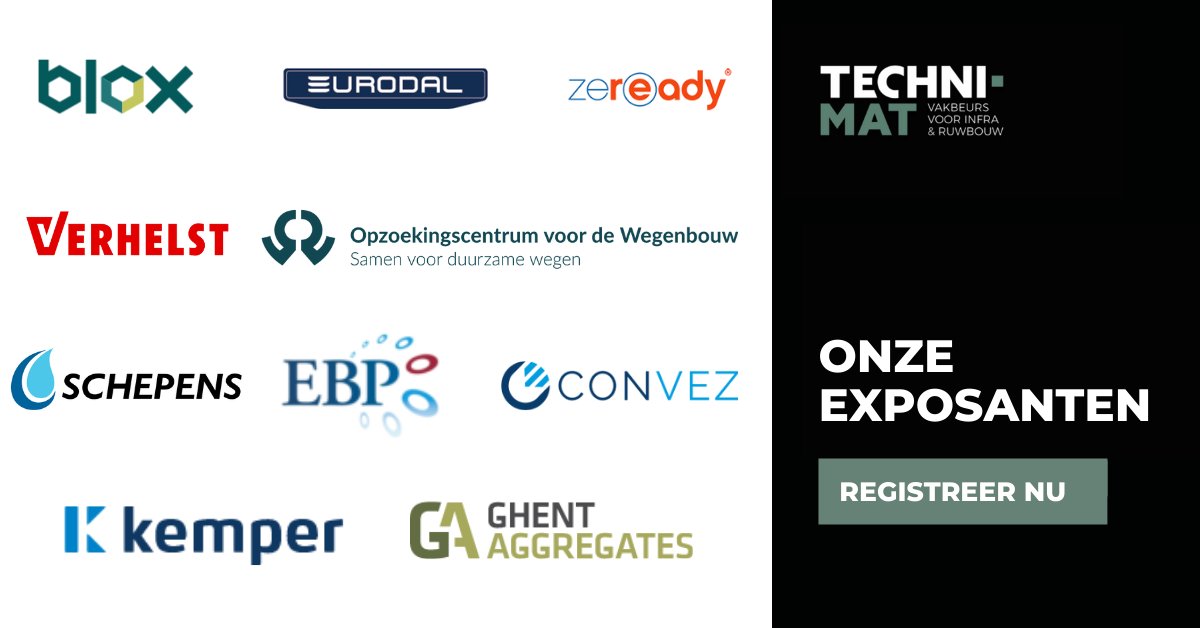 Tijdens Techni-Mat op 9 en 10 maart kunt u ruim 120 exposanten bezoeken op de beursvloer. Ook deze exposanten verwelkomen u op de beurs: Blox, Eurodal, Zeready, Verhelst Groep, OCW, Schepens, EBP, Convez, Kemper en Ghent Aggregates. Registreer online via lnkd.in/evjJefU6