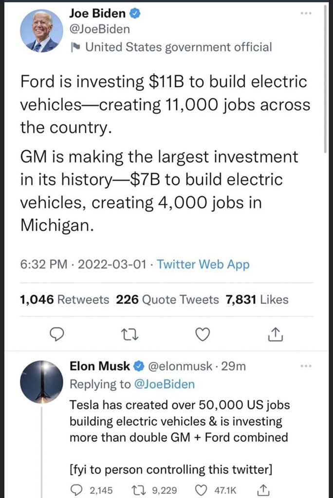 Infomotori's tweet photo. Il Presidente degli USA continua a ricordare solo @Ford e @GM ignorando @Tesla … Ed @elonmusk glielo ricorda ancora coi numeri ⚡️ https://t.co/UM1UdBBnqX