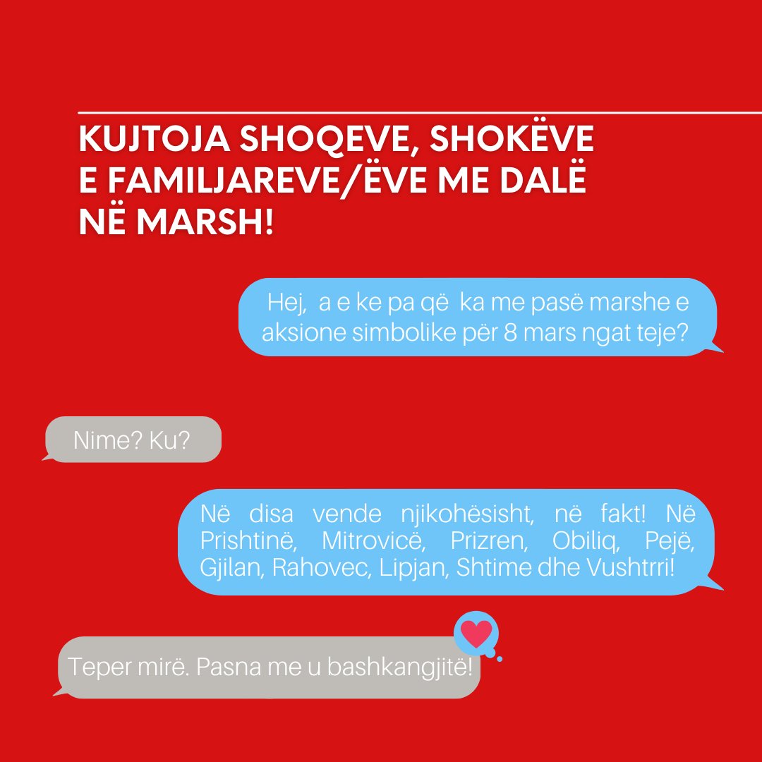 Marshojme's tweet photo. 🔴 Bashkoju marshit në Prishtinë;
🔴 Vendos diçka të kuqe në ballkonin ose dritaren tënde si shenjë solidariteti;
🔴 Tregona se pse po marshon duke përdorë hashtag-un #marshojsepse
🔴 Kujtoja shoqeve, shokëve e familjareve/ëve me dalë në marsh! https://t.co/4eZdEgpSOf