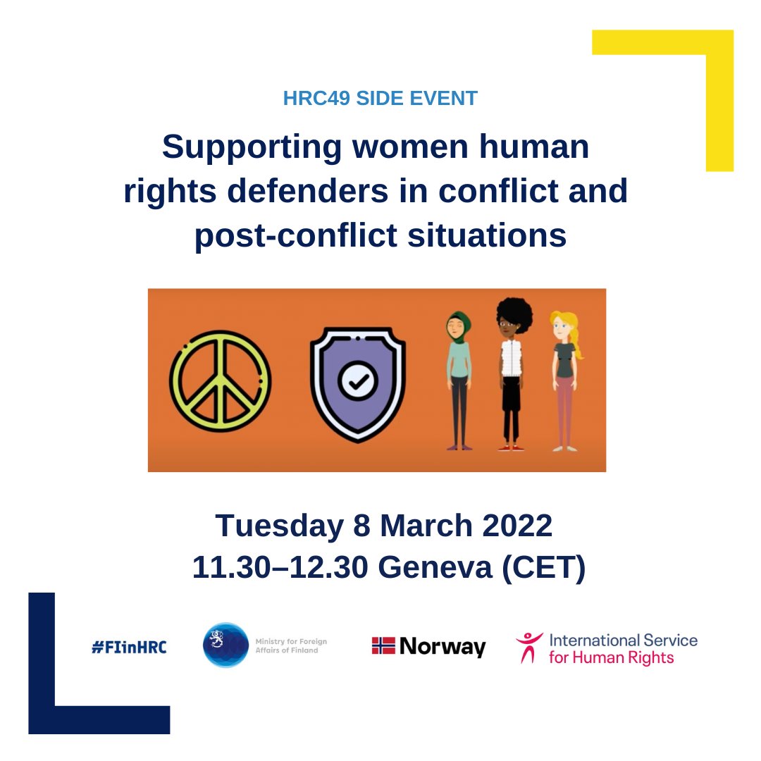 ISHR (@ishrglobal) on Twitter photo ISHR, the Ministry for Foreign Affairs of Finland and the Permanent Mission of Norway invite you to join our virtual event on the side of the #HRC49 : Supporting women human rights defenders in conflict and post-conflict situations. 
Don't miss it!
ishr.ch/events/hrc49-s… ISHR, the Ministry for Foreign Affairs of Finland and the Permanent Mission of Norway invite you to join our virtual event on the side of the #HRC49 : Supporting women human rights defenders in conflict and post-conflict situations. 
Don't miss it!
ishr.ch/events/hrc49-s…