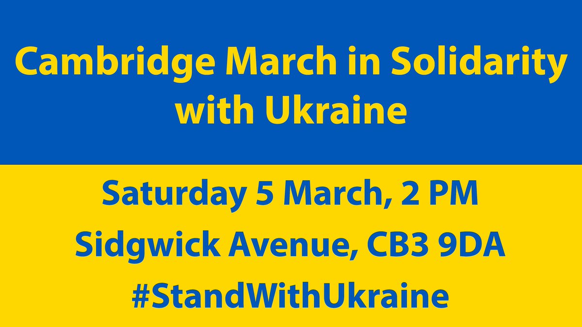 March in Cambridge this Saturday to support the Ukrainian people, global security, democracy, and peace.

❗️When: Sat 5 March, 2 PM
❗️Where, Sidgwick Avenue, Cambridge

More info 👉cambridgeforeurope.org.uk/news/cambridge…

#StandWithUkraine️ #CambridgeStandsWithUkraine #SlavaUkraini