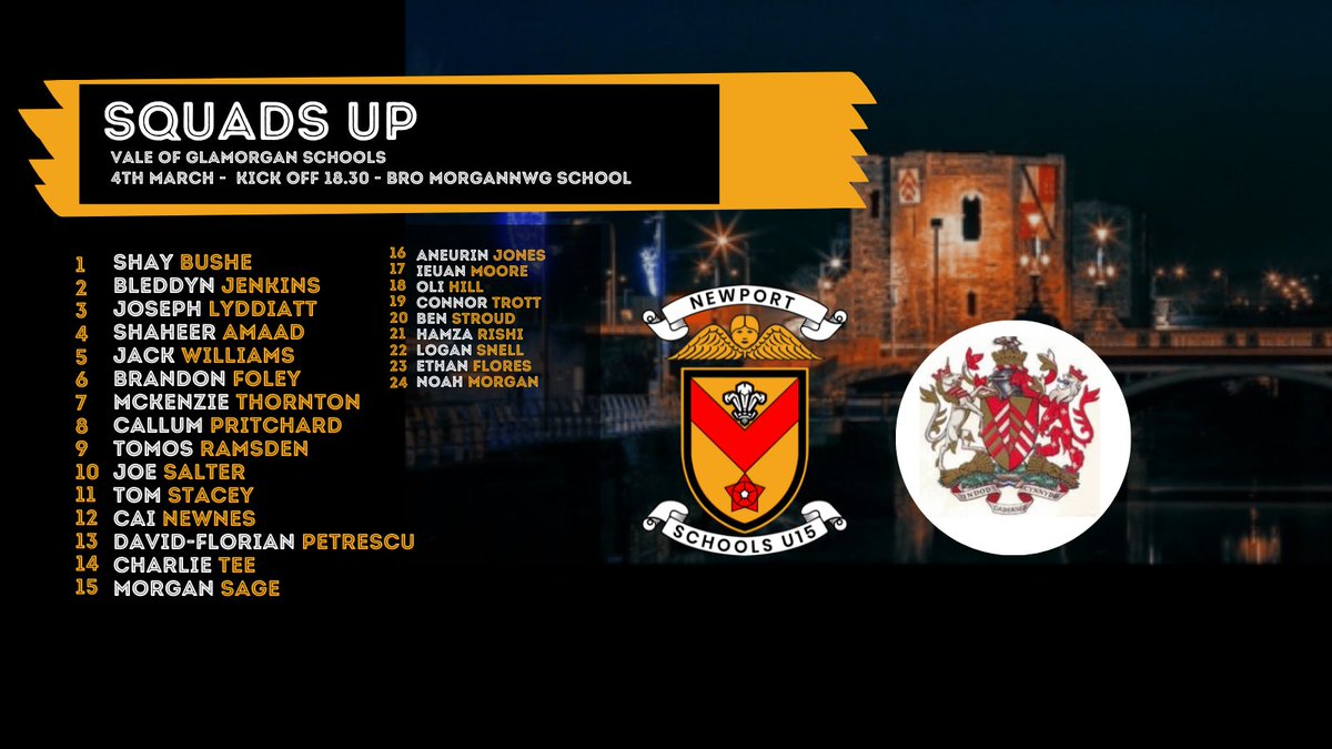 Squads up 🏉 We travel west this Friday and take on @ValeSchoolsU15. Kick off is 18.30 @YGBroMorgannwg Colcot Rd, Barry, CF62 8YU All players to meet @NewportSarries at 4.20 for a 4.30 departure. #COTP ⚫️🟠