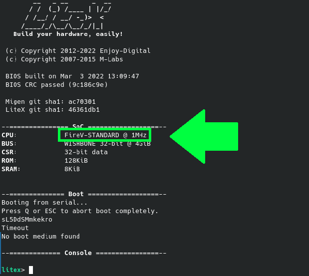sylefeb's tweet image. My FireV CPU now runs under @enjoy_digital Litex! As easy as --cpu-type=firev ... well, once the core.py has been written 😅 (I'm starting to explore how to best interop #Silice with #Litex).