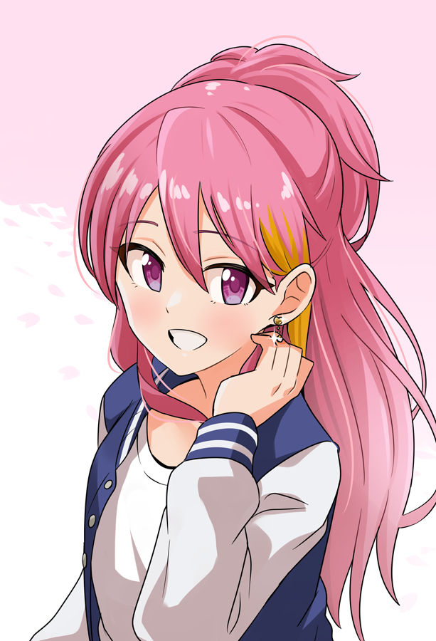 1girl solo pink hair jacket jewelry earrings long hair  illustration images