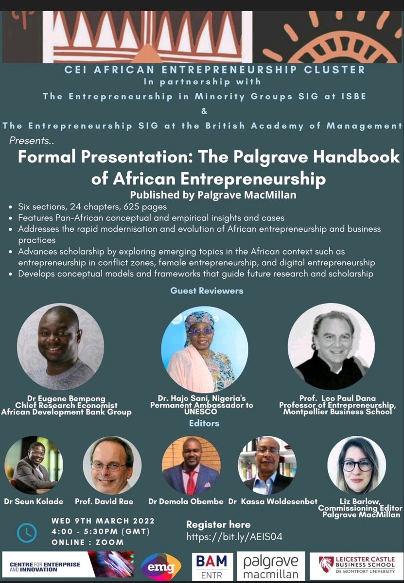 Please join us on Wednesday 9th March at the formal launch of The Palgrave Handbook of African Entrepreneurship. Exciting line up of speakers. Registration is free, here: eventbrite.com/e/african-entr…