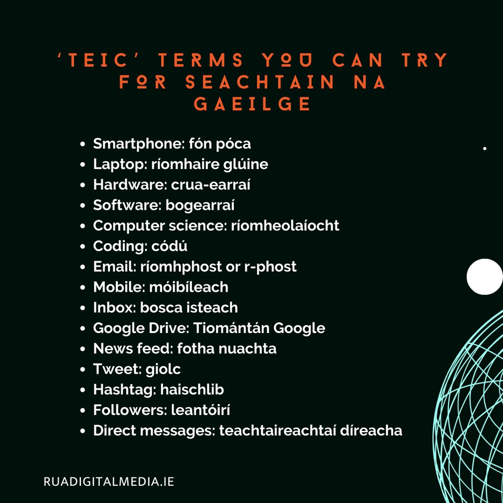 Rua_Digital's tweet photo. It's Seachtain na Gaeilge! Here's some 'teic' terms that you can use in everyday life. #SnaG22 #seachtainnagaeilge ##cúplafocal #teic https://t.co/8fu6jKLNou
