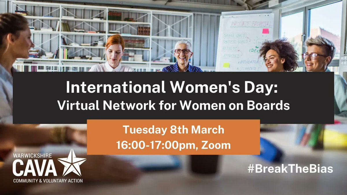 Next Tuesday is #InternationalWomensDay !

To celebrate, we are bringing together female identifying Trustees, Social Enterprise Directors, &amp; people interested in taking on a board role in Warwickshire &amp; Solihull. 

To join us, sign up here:
buff.ly/3C7Jzt5

#BreakTheBias