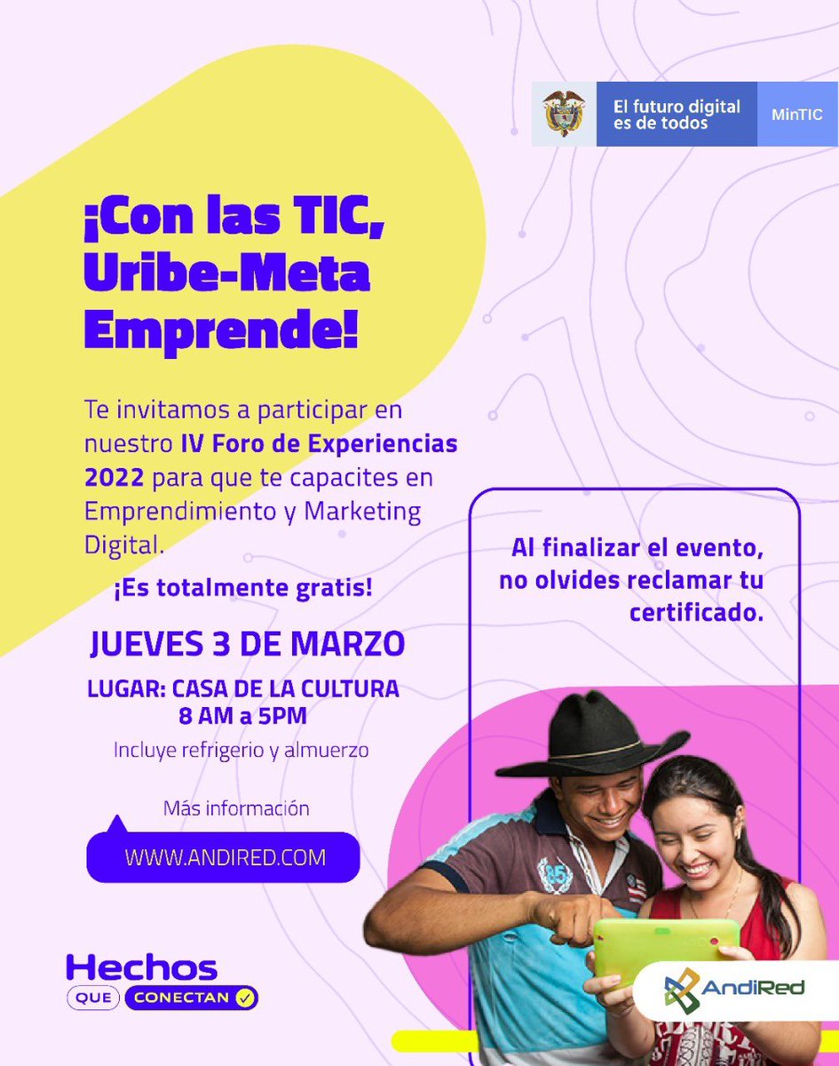 Ministerio_TIC's tweet photo. En Uribe, #MetaConectado, se realizará hoy, desde las 8:00 a.m., el cuarto Foro de Experiencias, un espacio entre el @Ministerio_TIC y el operador @PNCAVandired. Invitamos a los habitantes a la Casa de la Cultura para que conozcan los beneficios en conectividad para la región. https://t.co/Iw3Webn6dP