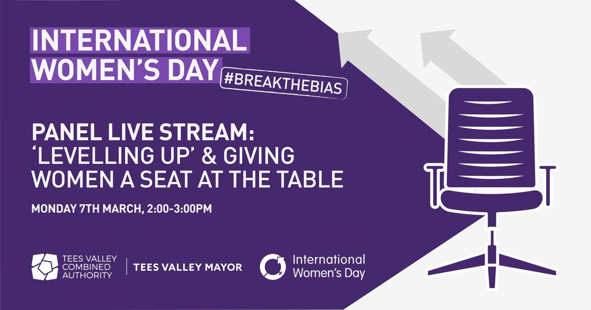 Tees Valley CA (@teesvalleyca) on Twitter photo Pull up your chair🪑
This #IWD2022 influential women from a range of sectors will be discussing the importance of ‘Levelling Up’ and making sure more women have a seat at the table💥
Watch LIVE on our Facebook channel from 2pm on 7 March📱
Read more👇orlo.uk/6ktq8 Pull up your chair🪑
This #IWD2022 influential women from a range of sectors will be discussing the importance of ‘Levelling Up’ and making sure more women have a seat at the table💥
Watch LIVE on our Facebook channel from 2pm on 7 March📱
Read more👇orlo.uk/6ktq8