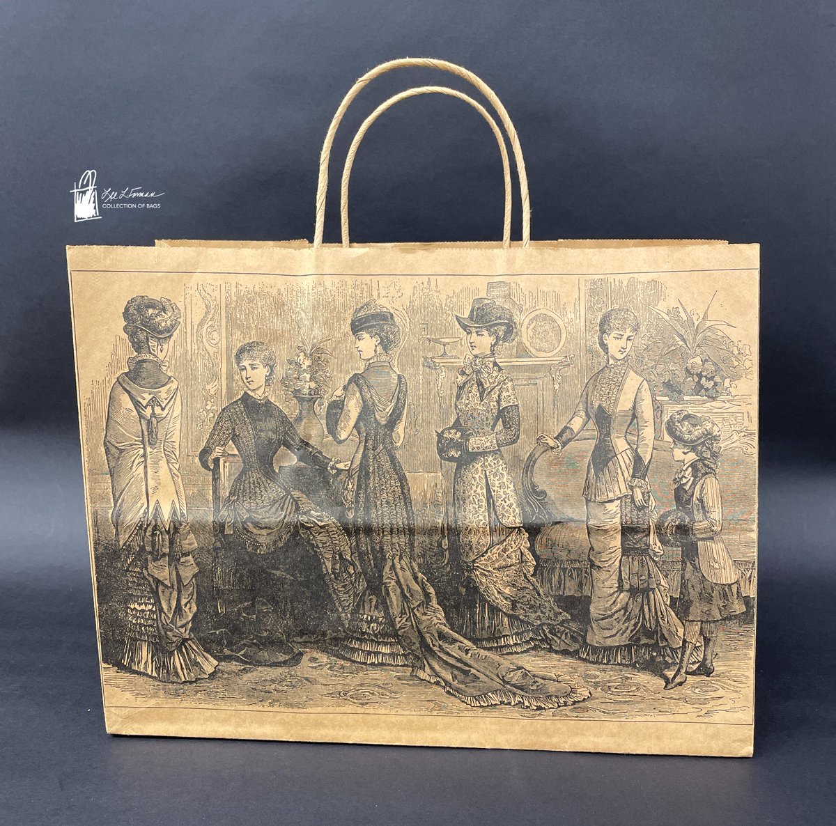 62/365: This contemporary paper bag features an historic fashion ad. The side panels provide close-ups and written descriptions of various types of winter bonnets featuring felt, plush, and velvet fabrics with feather accents.
