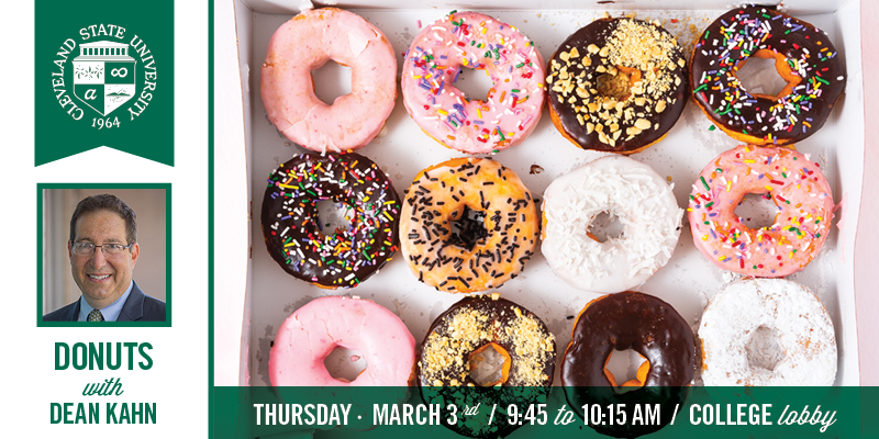 CSU_Biz's tweet image. Today! Donuts! Coffee! Stop by the #CLEStateBiz Building Lobby (first floor) for Donuts with Dean Kahn starting at 9:45 AM until all the donuts are gone!