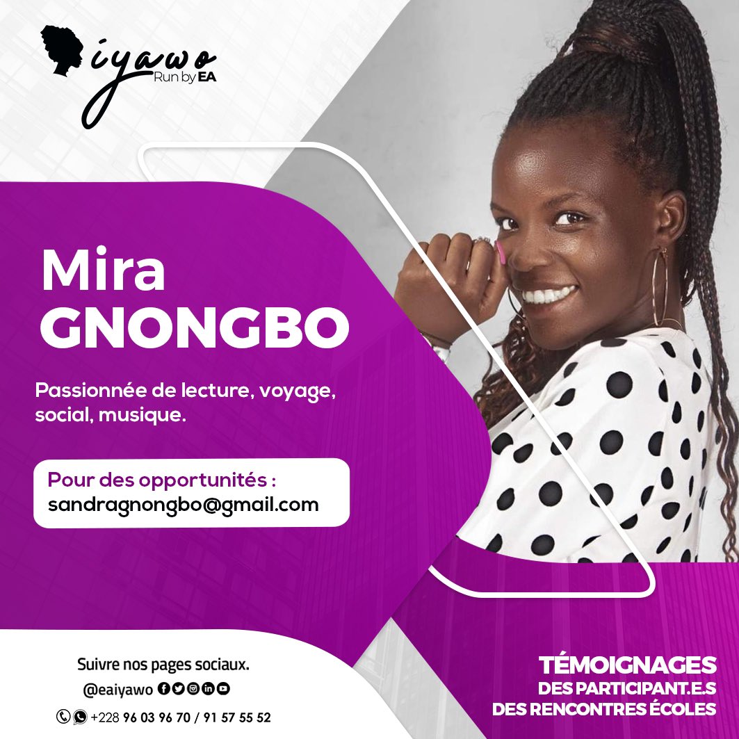 EApampa's tweet photo. Je suis Mira GNONGBO, juriste en formation et j'ai eu l'occasion de participer à la 2 ème session des rencontres EAiyawo initiées par la grande soeur Élisabeth Apampa.
https://t.co/KdZFsg1cfe
#lestemoignagesrencontresea #EAIyawo #sentraider #former #leadershipfeminin https://t.co/NsNRv9LMJx