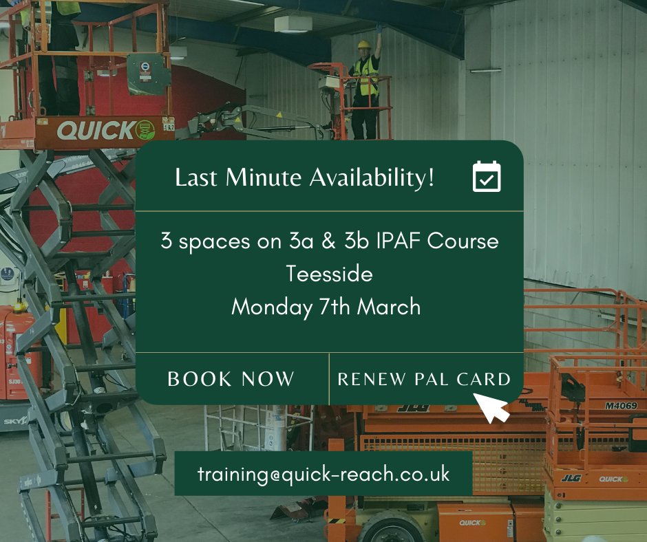 We have three spaces available on our 3a &amp; 3b #IPAF training course in Teesside on Monday 7th March.

To book your spot get in touch with Lisa Peters or a member of our fantastic team. 

0161 789 5600
training@quick-reach.co.uk

#Training #workatheight #IPAFtraining #Teesside