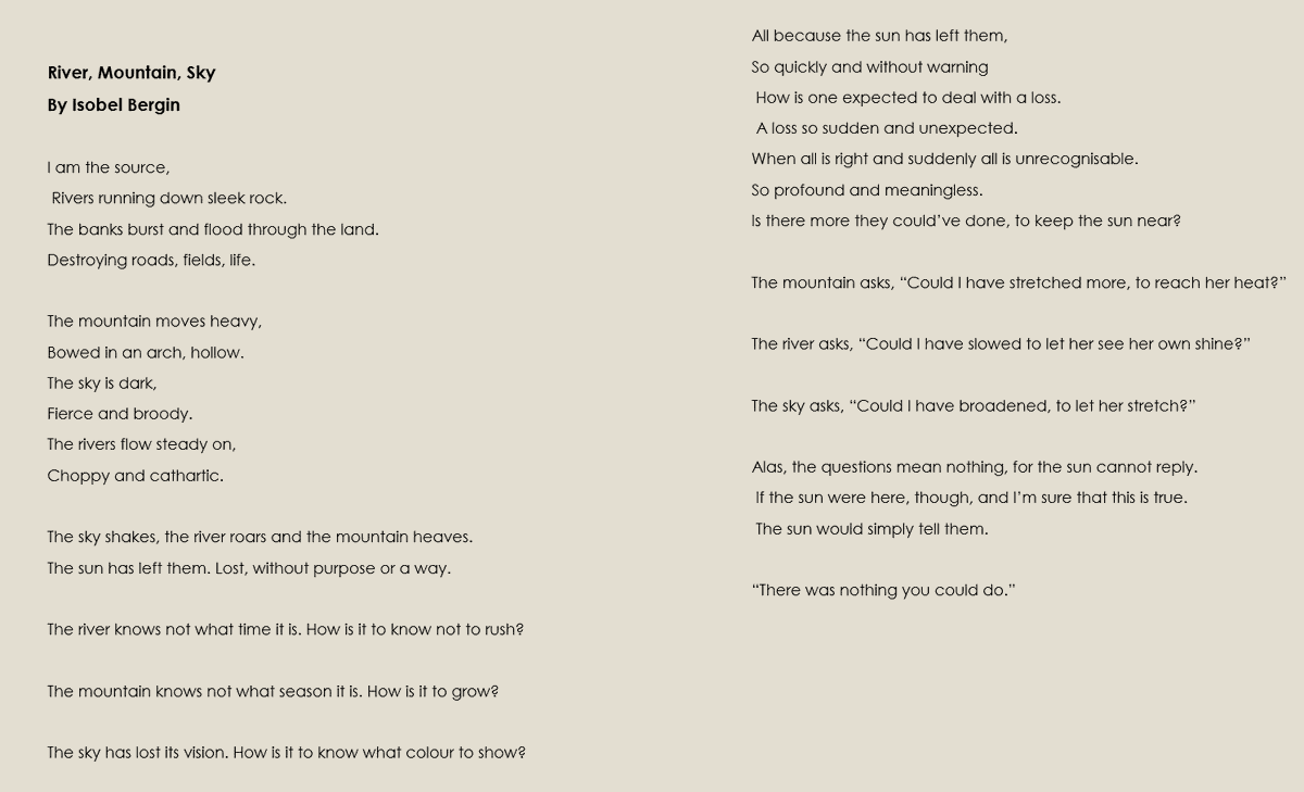 EnglishKcs's tweet photo. In honour of #WorldBookDay , we are sharing an incredible, original poem by Transition Year student and poet, Isobel Bergin, entitled 'River, Mountain, Sky.' @KinsaleComSch @KinsaleTY #poetry #futurewriters https://t.co/cdzRkushay