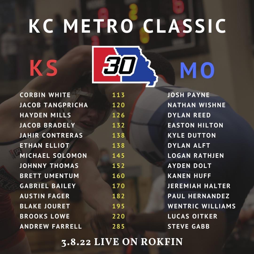Let’s go Team MO!

It is almost time for the 30th annual Kansas City Metro Classic!  Here is the lineup.  Who are you taking?  Come watch on March 8th at 6:30pm at Avila University or watch live on the <a href="/GroWrestling/">GroWrestling</a> Rokfin channel.