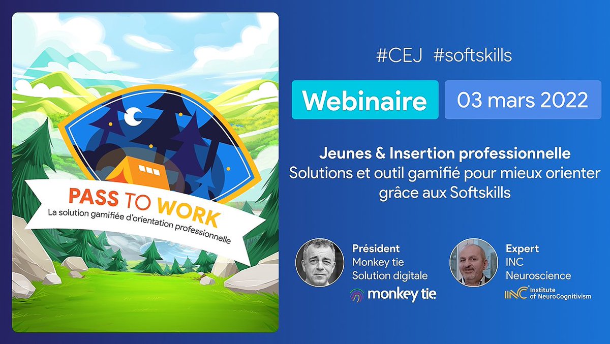 [#TousMobilisés] pour l'#insertion professionnelle
<a href="/Monkey_tie/">Monkey_Tie</a> présente #PassToWork dans quelque minutes en #webinaire sur <a href="/webikeofrance/">Webikeo</a> : une aide à l'#orientation basée sur les #softskills accessible par la #gamification 
#compétences #métiers