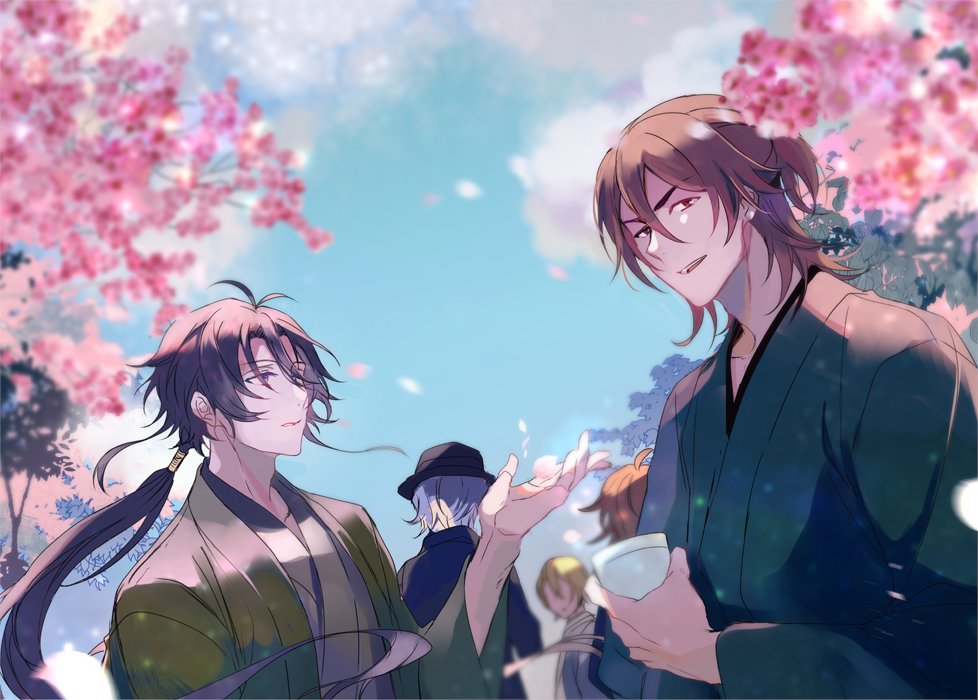 multiple boys male focus cherry blossoms japanese clothes brown hair hat ponytail  illustration images