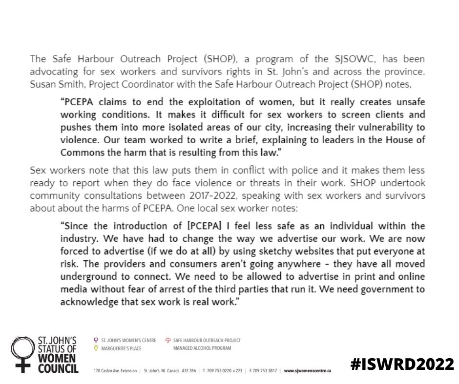 March 3rd is International Sex Worker's Rights Day! To celebrate, we uphold the call for decriminalization of sex work & the full repeal of #PCEPA. See our press release, and brief submission to the House Committee on Justice and Human Rights: sjwomenscentre.ca/2022/03/03/sjs… #ISWRD2022