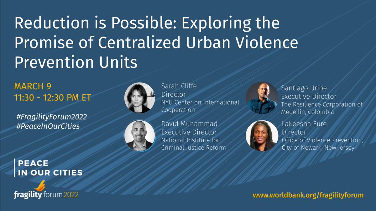 If I were a betting man, I'd bet big this is going to be REALLY good

Check out our #PeaceInOurCities event at @WBG_Dev4peace #FragilityForum2022 

Join us on March 9, 11:30 - 12:30 pm EST

Register for free here: worldbank.org/fragilityforum

#HalvingViolence #ViolenceReduction