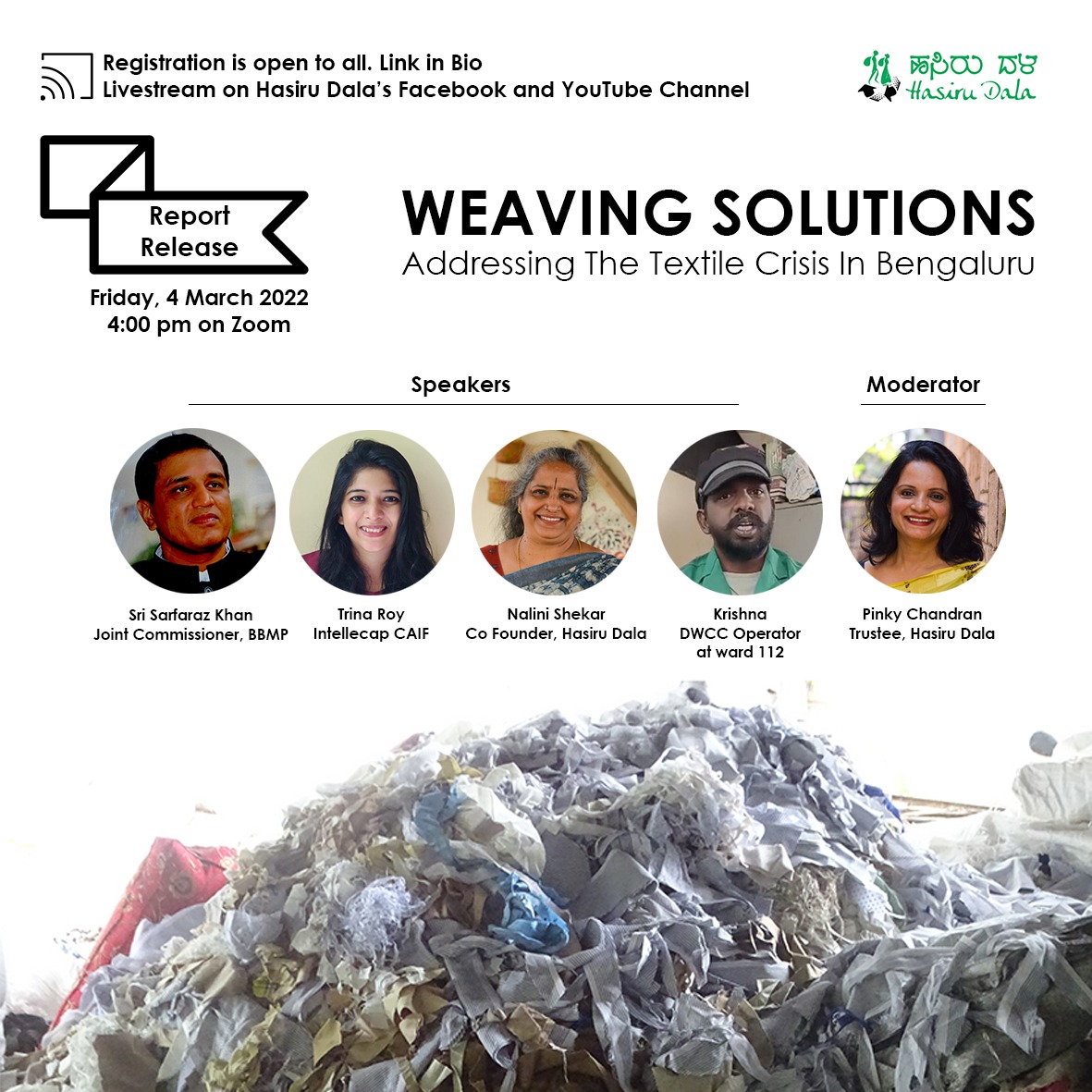 Join us tomorrow to discuss Bengaluru's looming #textilewaste crisis and the path ahead with Mr.  Sarfaraz Khan @BBMPSWMJtComm Trina Roy @IntellecapTweet , Nalini Shekar @shekar_nalini, & Krishna (DWCC Operator). I will be moderating the panel. Register
zoom.us/webinar/regist…