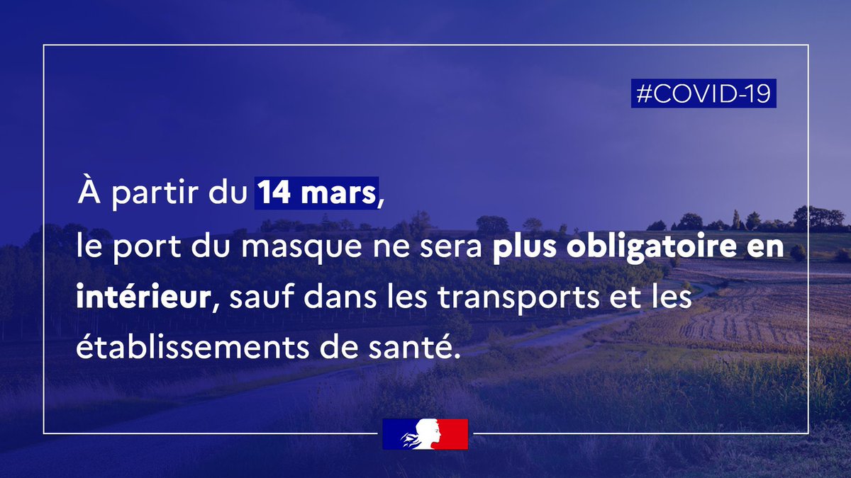 Prefet60's tweet photo. #COVID19 À partir du 14 mars, le port du masque ne sera plus obligatoire en intérieur. Il reste exigé dans les transports en commun et dans les établissements de santé. https://t.co/zfPM2OJIUp