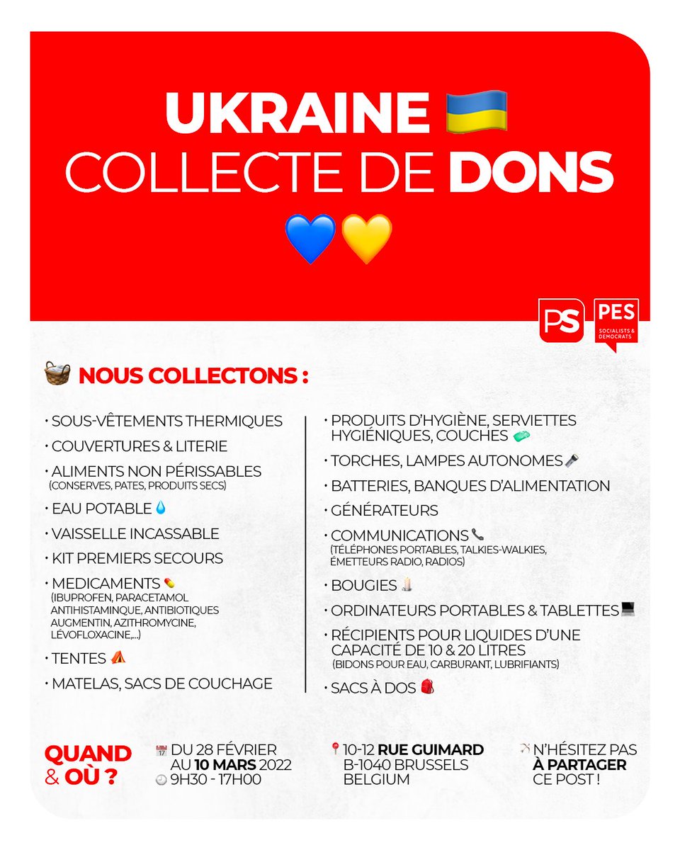Les Socialistes se mobilisent pour l'Ukraine 🇺🇦 ! 
Avec le <a href="/PES_PSE/">PES 🌹🇪🇺</a>, les militants et les élus socialistes collectent des produits et articles essentiels afin de soutenir la population ukrainienne.
Si vous aussi vous voulez aider de manière concrète, voici comment ⤵️