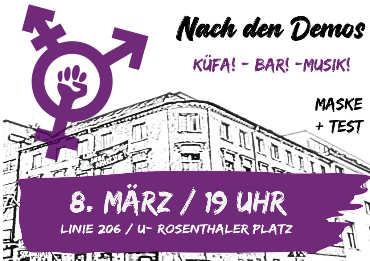 linie206's tweet photo. Am 8. März bieten wir ein Chillout in der Linie 206 abends nach den Demos an. Es gibt Küche für Alle, Getränke und Musik. #b0803 #FeministischerKampftag #l206bleibt #linie206 https://t.co/wb8TI1l5gj
