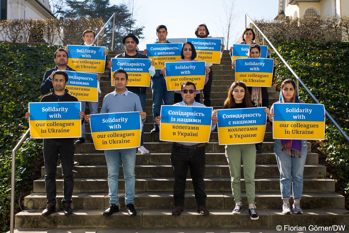 Standing together in challenging times: DW employees expressed their solidarity with colleagues working in #Ukraine today. They gathered outside our headquarters in Bonn. #MediaFreedom